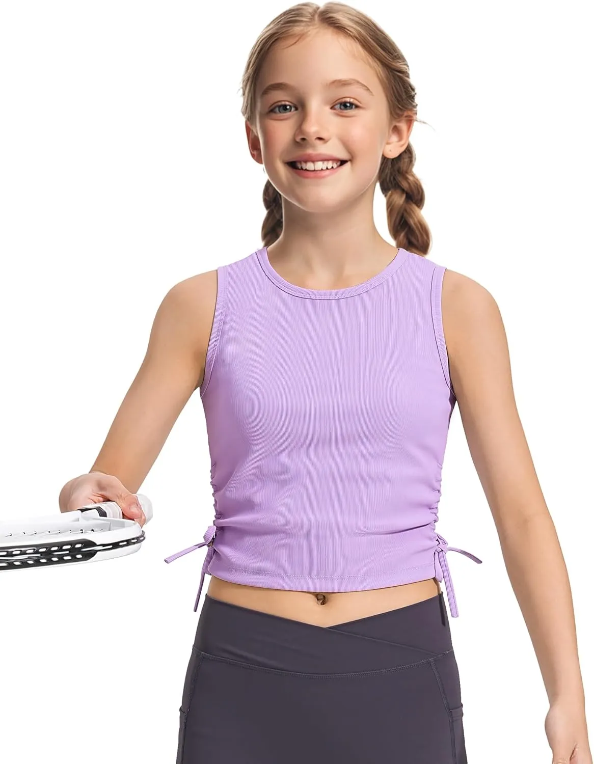HASMES Girls Tank Tops Ribbed Knit Sleeveless Crop Tops for Kids Round Neck Dance Tops 5-14Y