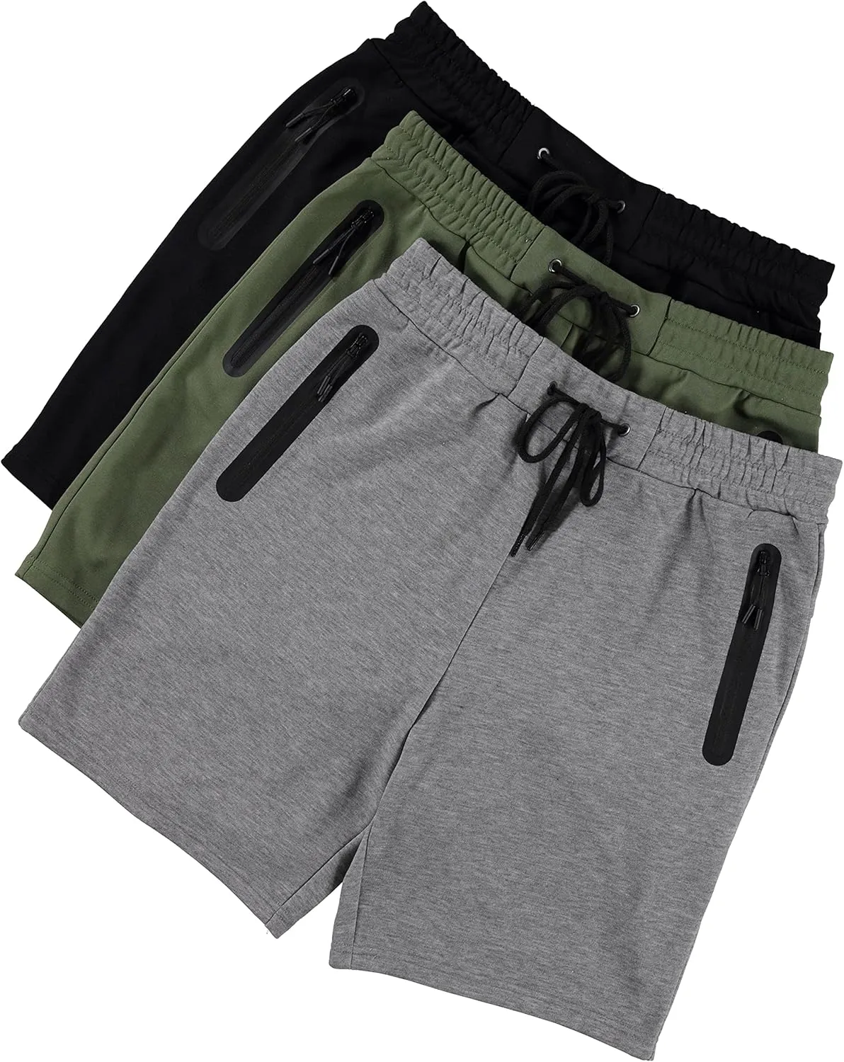 PURE CHAMP Mens 3 Pk French Terry Cotton Casual Gym Shorts for Men Athletic Workout Training Sweat Shorts with Zipper Pocket