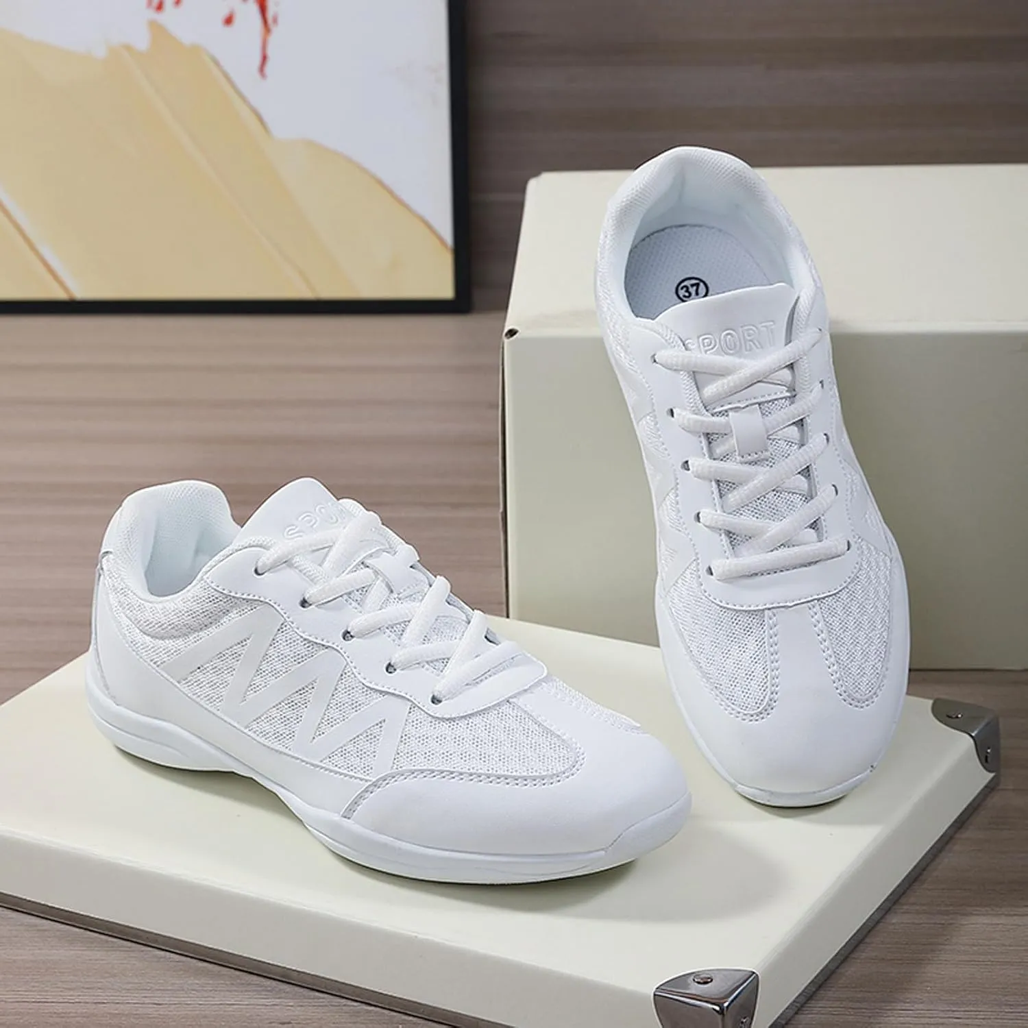 SECHRITE Girls White Cheerleading Cheer Shoes Womens Dance Sneakers Athletic Training Tennis Breathable Competition Walking Shoes
