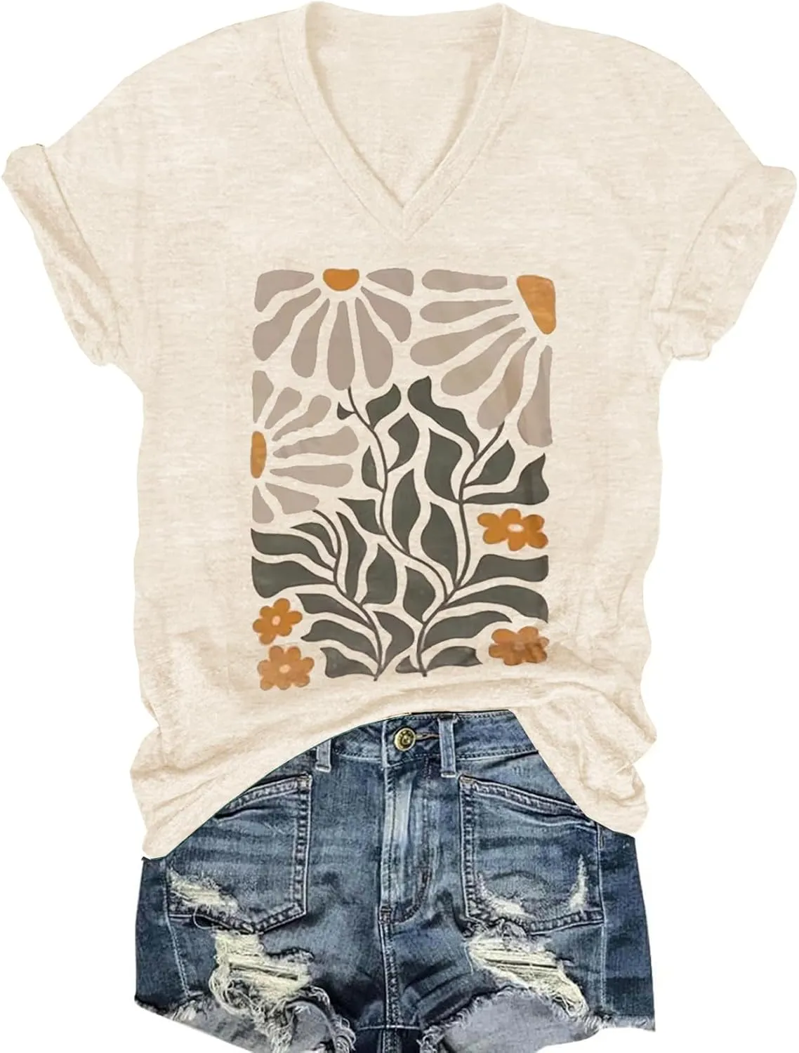 Women's T-Shirts V-Neck Boho Flowers Wildflowers Graphic Tees Shirts Cute Casual Summer Tops Short Sleeve T Shirt