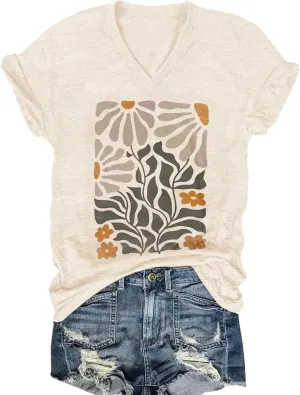 Women's T-Shirts V-Neck Boho Flowers Wildflowers Graphic Tees Shirts Cute Casual Summer Tops Short Sleeve T Shirt